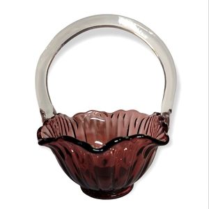 L.E. Smith Vintage Purple Amethyst Handled Glass Basket Bowl EUC